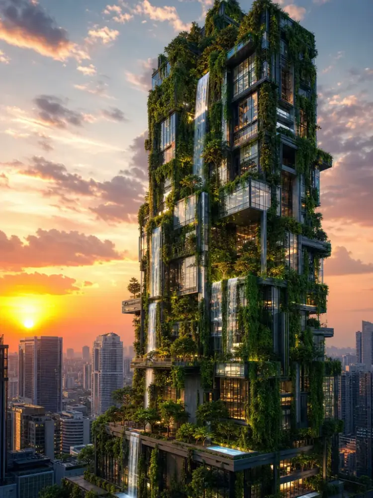 Eco skyscraper with waterfalls and greenery at sunset — Peanut AI text to image example