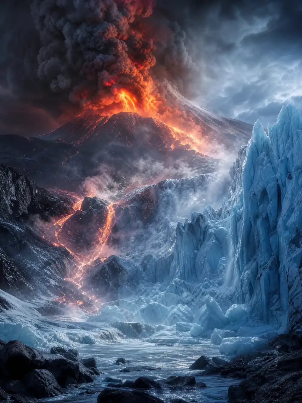 Volcano erupting beside glacier fire and ice scene — Peanut AI text to image example