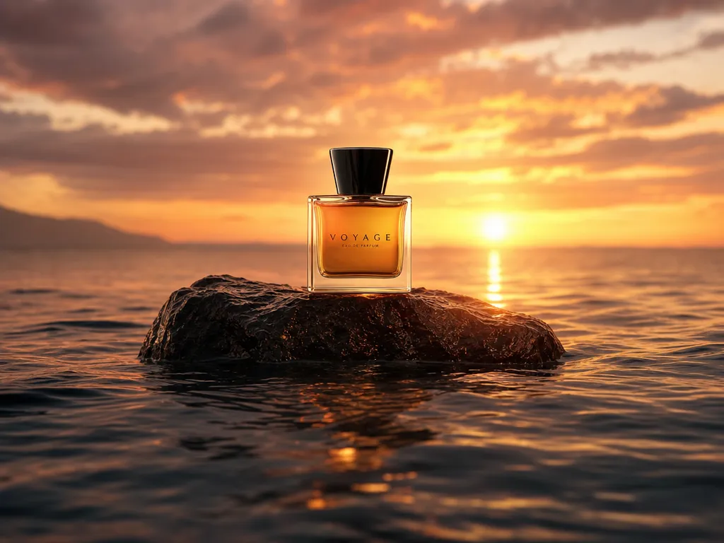 Luxury perfume bottle on rock at sunset — Peanut AI text to image example